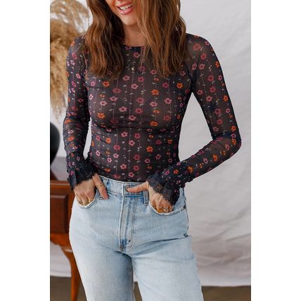 Black Floral Print Smocked Cuff Slim Fit Mesh Bodysuit