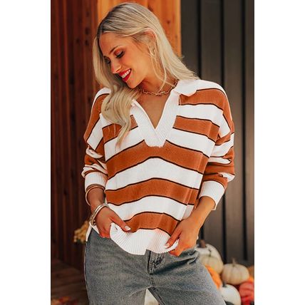 Brown Stripe Ribbed Polo Collar Drop Shoulder Sweater