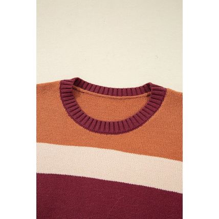 Brown Checkered Color Block Knitted Drop Shoulder Sweater
