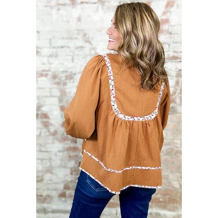 Straw Yellow Split Neck Pleated Floral Trim Long Puff Sleeve Blouse