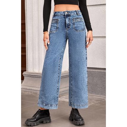 Blue Chic Patch Pocket Straight Leg Loose Jeans