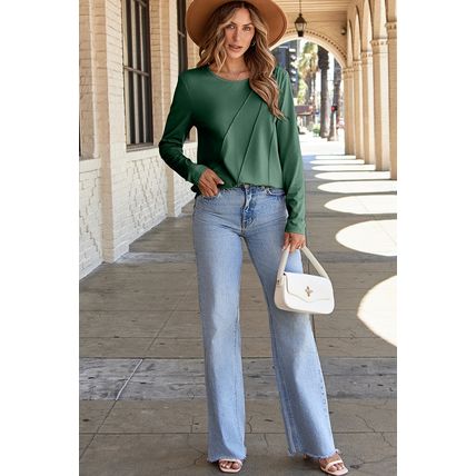 Blackish Green Asymmetric Seam Detail Solid Color Long Sleeve Top