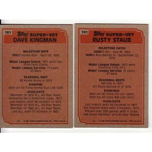 Two 1983 Topps Mets Super Veteran cards- 161 Kingman, 741 Staub