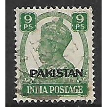 PAKISTAN 1947 KING GEORGE VI 9p GREEN OPT PAKISTAN SG3 FINE USED#