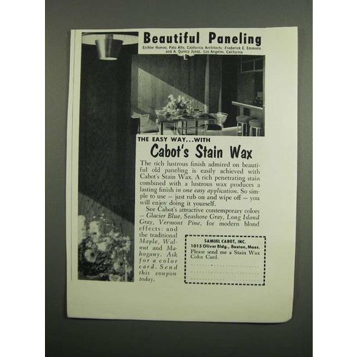 1953 Cabot's Stain Wax Ad - Beautiful Paneling