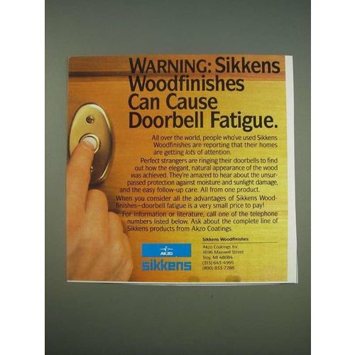 1989 Sikkens Woodfinishes Ad - Warning: Sikkens woodfinishes can cause doorbell