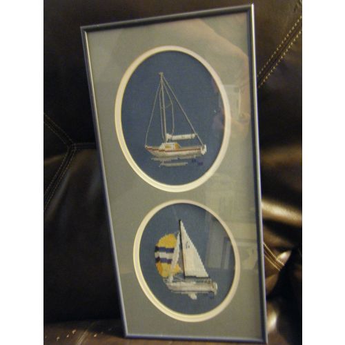 Handmade Framed & Matted Cross Stitched Sail Boat Duo Wall Picture