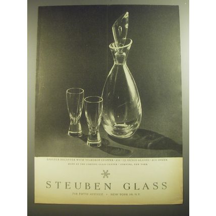 1958 Steuben Glass Advertisement - Liqueur Decanter Teardrop Stopper, glasses