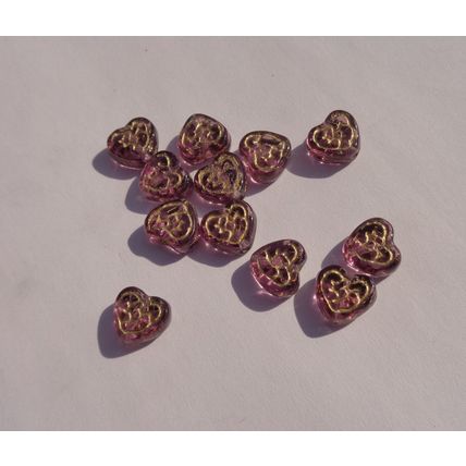 12 Purple Pressed Glass Heart Beads 10mm Gold Design Craft bd047