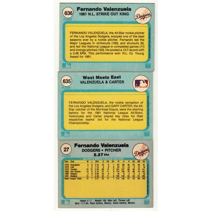 Three 1982 Fleer Fernando Valenzuela cards #27, #635, #636 with Gary Carter