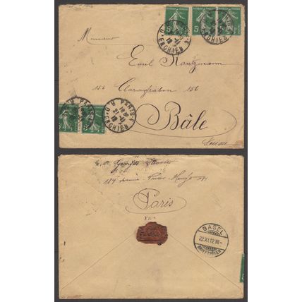 France 1912, Cover from Paris to Bule, Switzerland. 5 Mi #116x. Used.