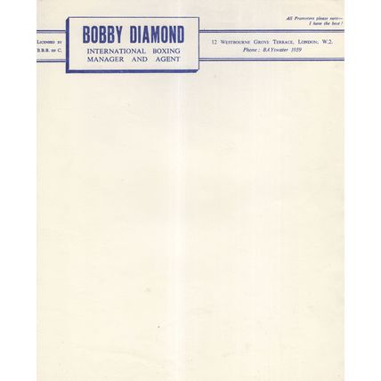 Bobby Diamond Boxer Boxing Manager ORIGINAL 1940s Management Paper