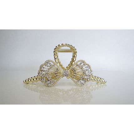 Long one sided round crystal bow gold metal hair claw clip for medium thick hair