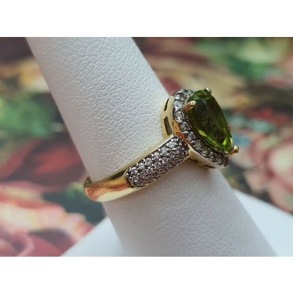 2.5ct Hebei Peridot Zircon Pear Halo Ring Size O 14k Gold Over 925 Solid Silver