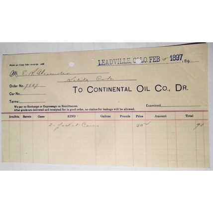 1897 Continental Oil Co., Billhead receipt from Leadville Colorado