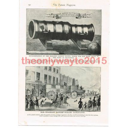 Earliest Cannon at Brunswick & Dances Steam Carriage, Book Illustration 1895