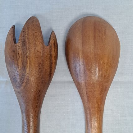 Wood SALAD SPOON & FORK Set Wooden Utensils Tong Server