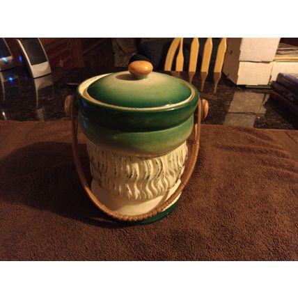 Old Vintage Cookie Jar Colonial Head Jar W/Basket Handle 7" Tall 1950s