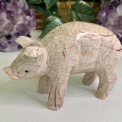 Large Pink Marble Carved Pig Figurine Farm Animal Polished Stone Swine 5" 539g