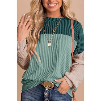 Green Color Block Long Sleeve Ribbed Loose Top