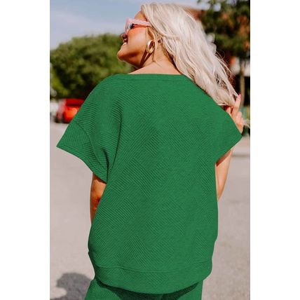 Dark Green Textured Loose Fit T Shirt and Drawstring Pants Set