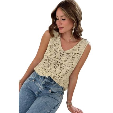 Apricot V Neck Textured Hollow-out Sweater Vest