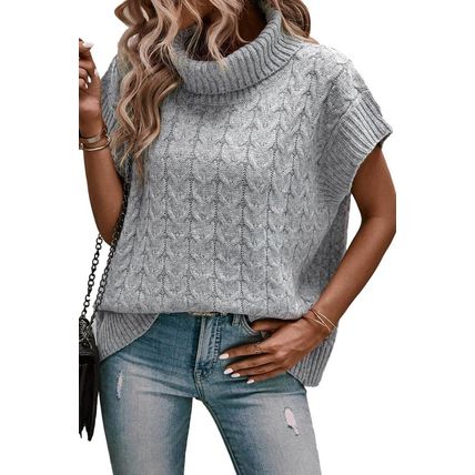 Medium Grey Cable Knit Turtleneck Batwing Sleeve Sweater