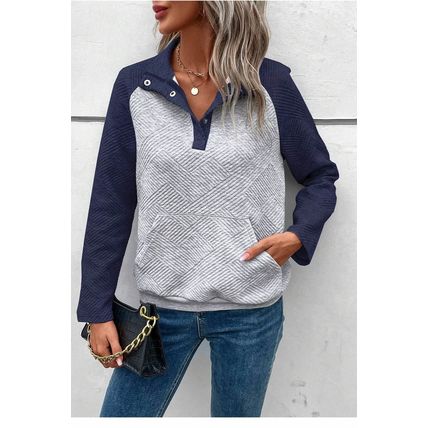 Gray Textured Contrast Splicing Raglan Sleeve Top