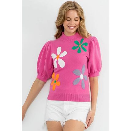 Bright Pink Floral Bubble Short Sleeve Sweater
