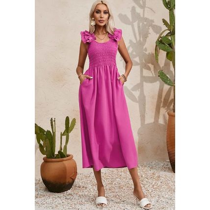 Rose Red Solid Color Ruffled Straps Smocked Ruched Maxi Dress