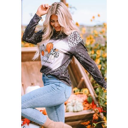Black Leopard Bleached Pumpkin Graphic Long Sleeve Top
