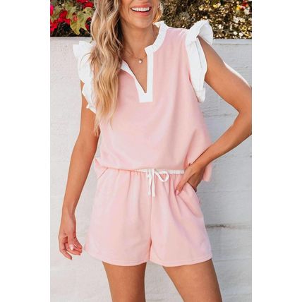 Light Pink Contrast Trim Ruffled Top and Drawstring Shorts Set