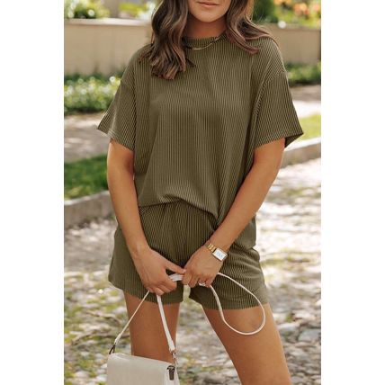 Jungle Green Ribbed Textured Knit Loose Fit Tee and Shorts Set
