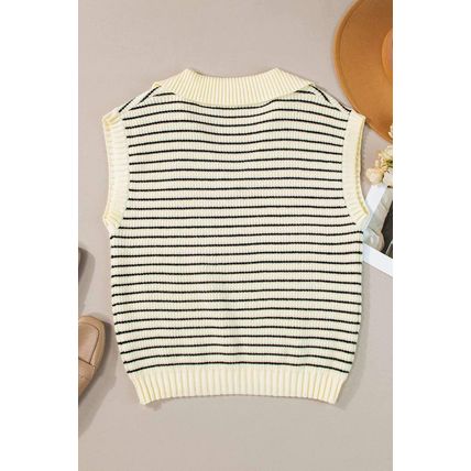 Beige Stripe Turn-down V Neck Sweater Tank Top