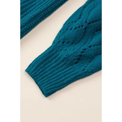 Blue-3 Hollow-out Puffy Sleeve Knit Sweater