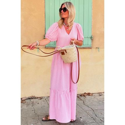 Pink Stripe V Neck Puff Short Sleeve Maxi Dress