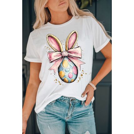 White Easter Egg Bow Bunny Ear Printed T Shirt
