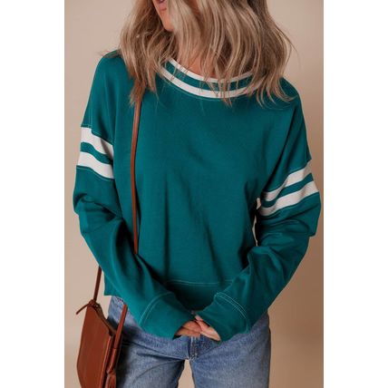 Blackish Green Contrast Striped Patchwork Round Neck Drop Shoulder Sweatshirt