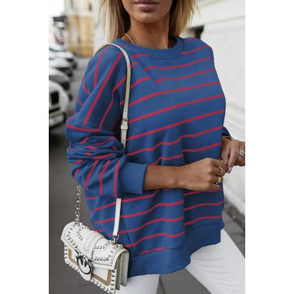 Blue Stripe Stylish Overlap Detail Drop Shoulder Pullover Sweatshirt