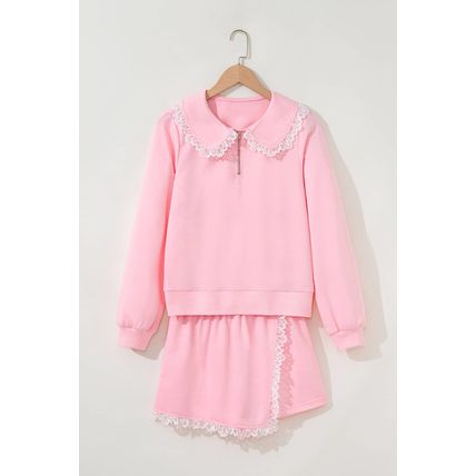Pink Peter Pan Lace Embellished Neck Collision Sweatshirt and Skirt Two Piece Se