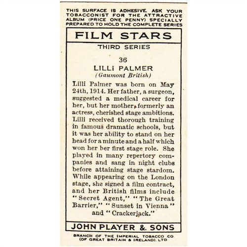 Players Film Stars 3rd Series Card No. 36 Lilli Palmer Cigarette Card