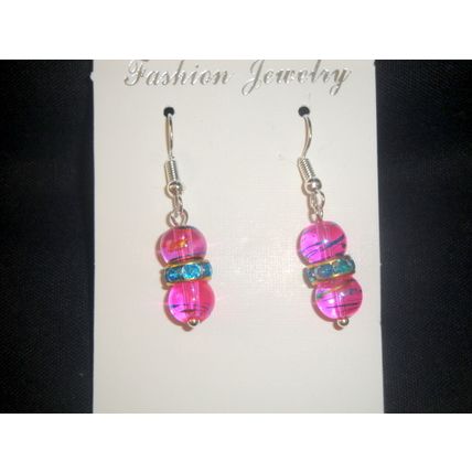 Asian style turquoise & gold on round pink glass with FP crystal earrings