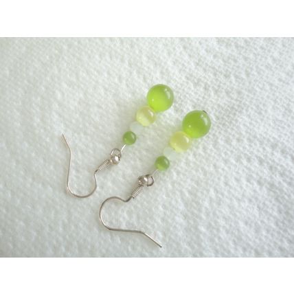 Handmade Green & Yellow Cats-Eye Glass Bead, Drop Earrings. SP Hook Ear-Wires.