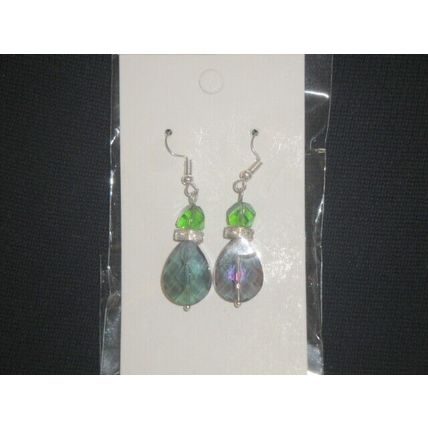 Stunning large dichroic purple green pearcut & green helix glass dangle earrings
