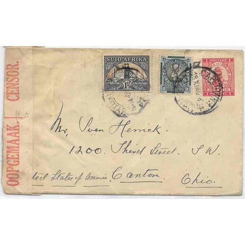 South Africa 1940 Postal Sta. Cape Colony uprated to Ohio USA, CENSORED, TB