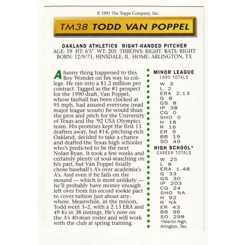 1991 Topps Magazine baseball TM38 Todd Van Poppel insert card –NM- Athletics