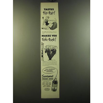1950 Sunsweet Prune Juice Ad - Tastes Tip-Top Makes you Tick-Tock