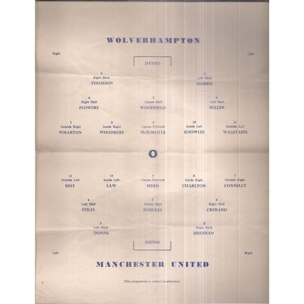 WOLVERHAMPTON v MANCHESTER UNITED football programmes March, 6th 1965. F A Cup =