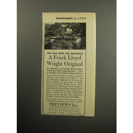 1957 Previews Inc. Frank Lloyd Wright House Advertisement - Near San Francisco