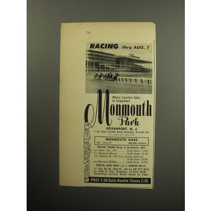 1957 Monomouth Park Horse Racing Advertisement - Racing thru Aug. 7